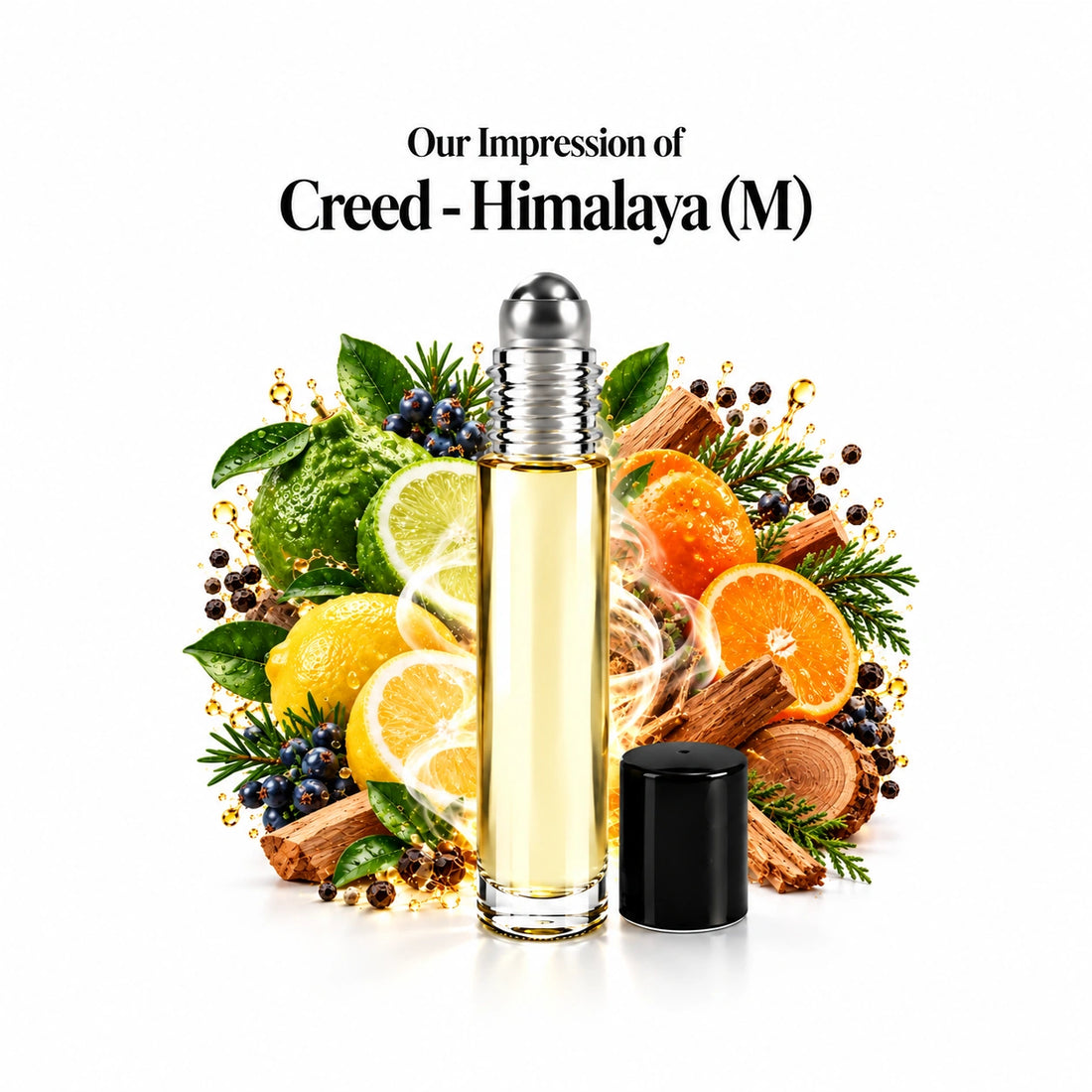 Our impression of Creed - Himalaya Perfume Oil centered roll-on and scent-note halo with generous white spacing.