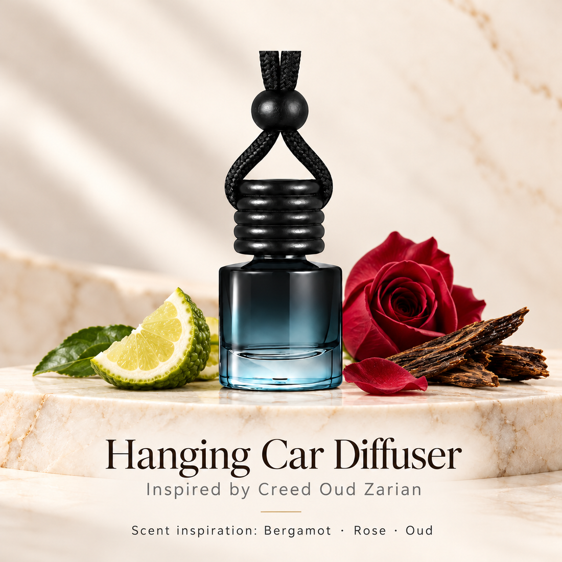 Hanging car diffuser inspired by Creed Oud Zarian, with scent illustrations on warm ivory stone