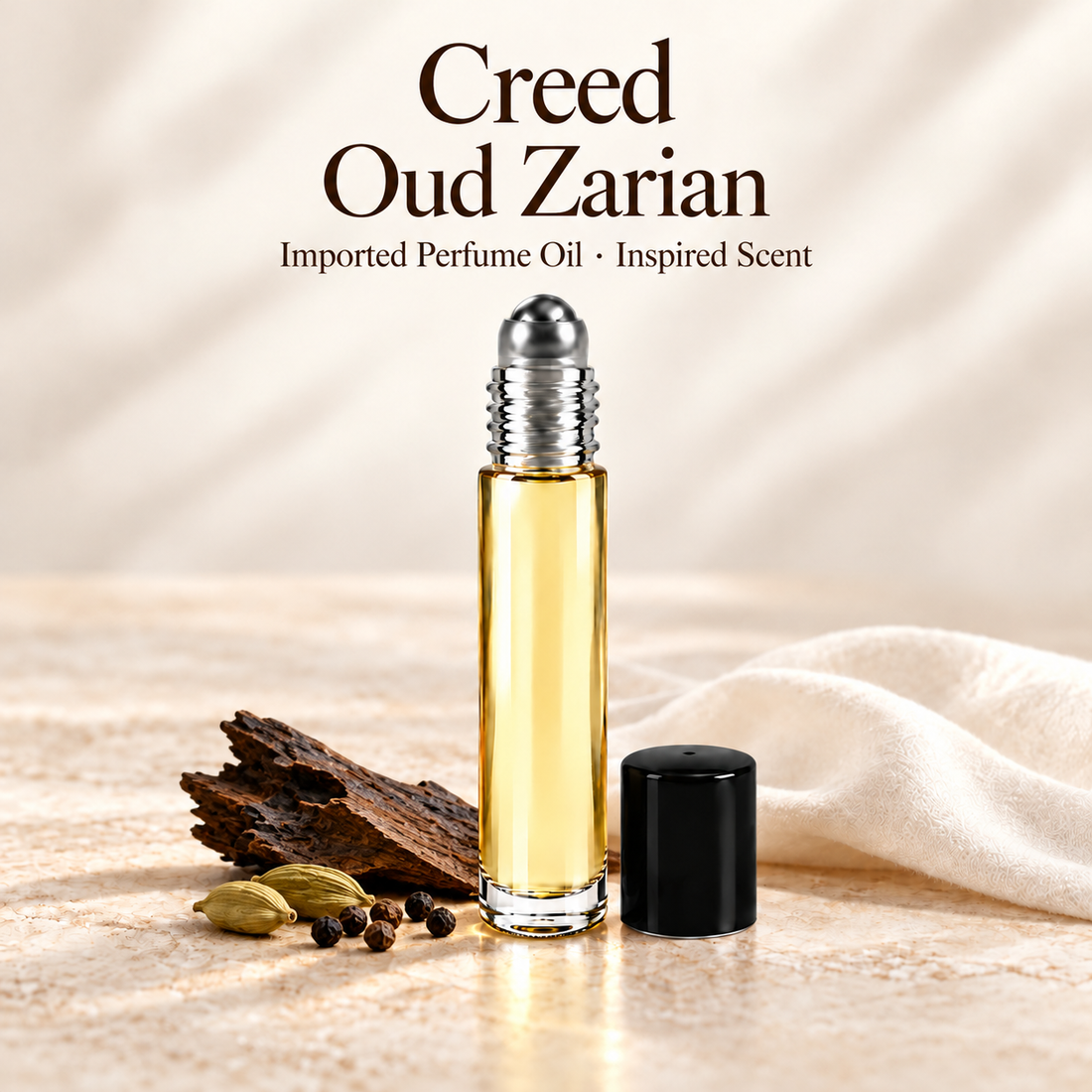 Creed Oud Zarian Perfume Oil with minimal fragrance note accents on soft ivory