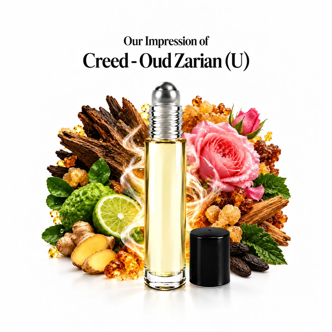 Our impression of Creed - Oud Zarian Perfume Oil centered roll-on and scent-note halo with generous white spacing.