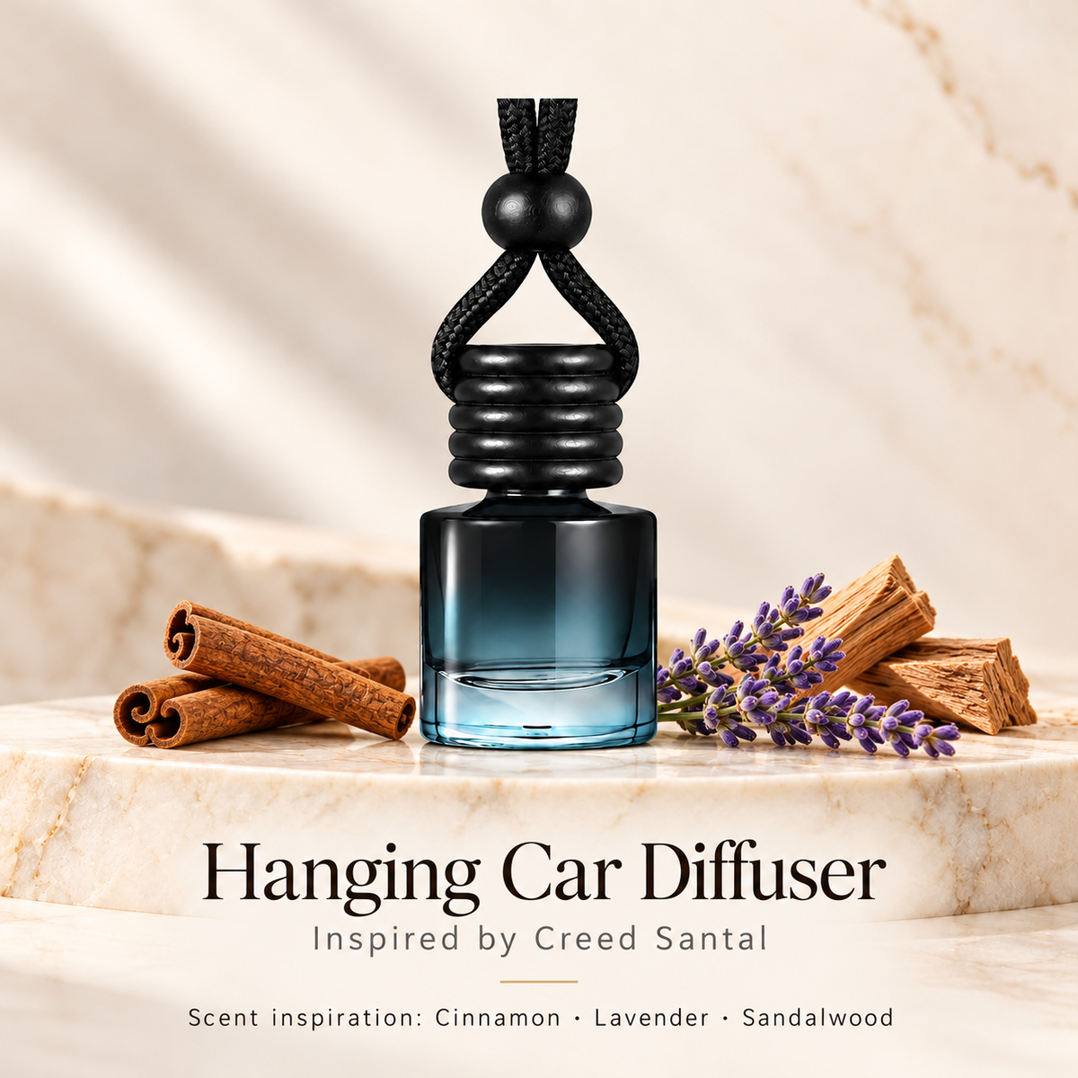 Hanging car diffuser inspired by Creed Santal, with scent illustrations on warm ivory stone
