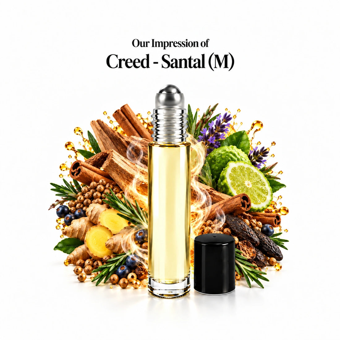 Our impression of Creed - Santal Perfume Oil centered roll-on and scent-note halo with generous white spacing.