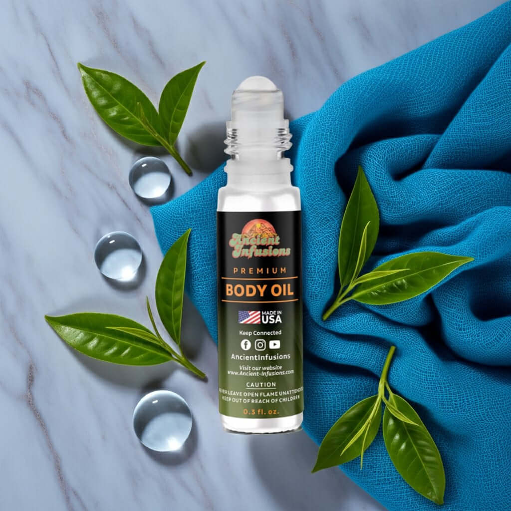 Creed Silver Mountain Water Inspired Body Oil on marble with green leaves and blue cloth.
