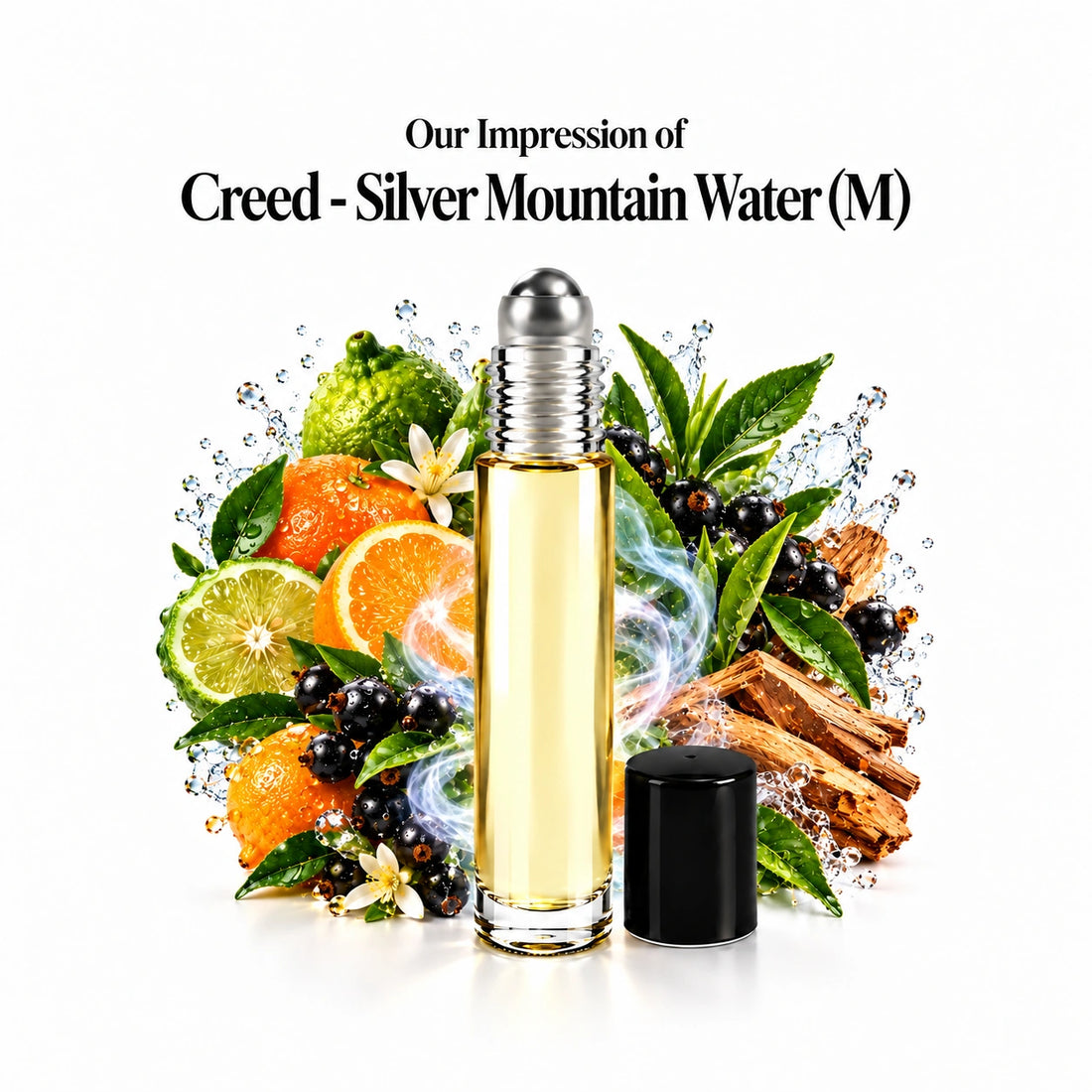 Our impression of Creed - Silver Mountain Water Perfume Oil centered roll-on and scent-note halo with generous white spacing.