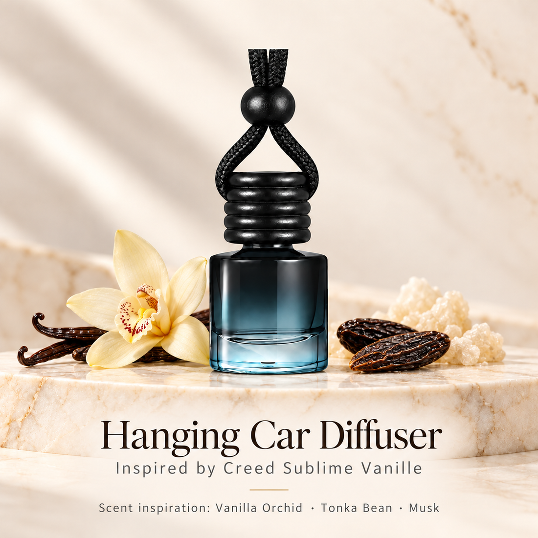 Hanging car diffuser inspired by Creed Sublime Vanille, with scent illustrations on warm ivory stone