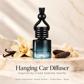 Hanging car diffuser inspired by Creed Sublime Vanille, with scent illustrations on warm ivory stone