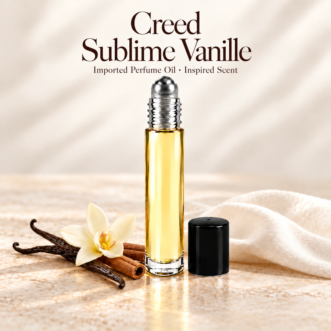 Creed Sublime Vanille Perfume Oil with minimal fragrance note accents on soft ivory