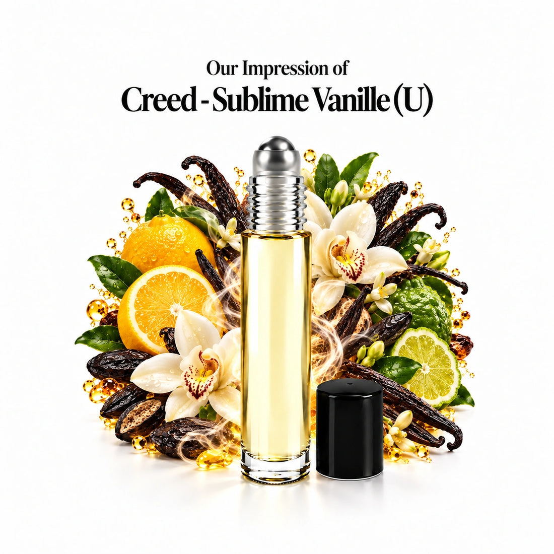 Our impression of Creed - Sublime Vanille Perfume Oil centered roll-on and scent-note halo with generous white spacing.