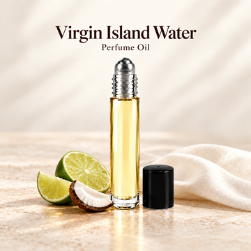 Creed Virgin Island Water Perfume Oil with simple scent note accents on soft ivory