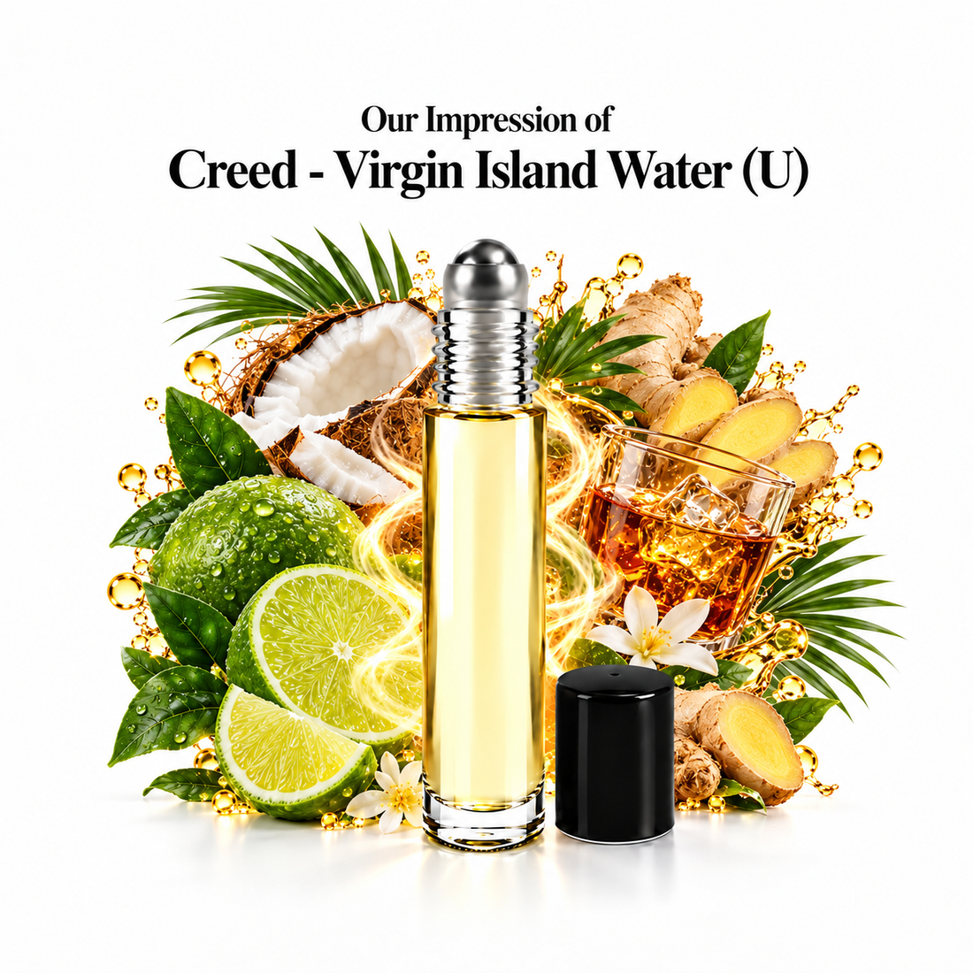 Creed Virgin Island Water Perfume Oil roll-on with scent-note imagery
