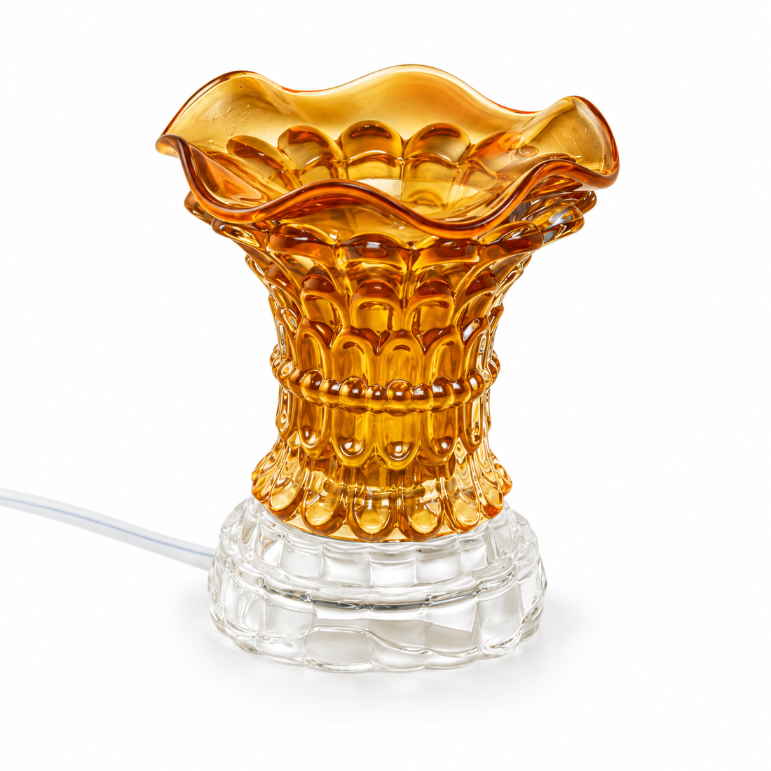 Amber crystal glass electric fragrance warmer with matching scalloped glass bowl and clear base