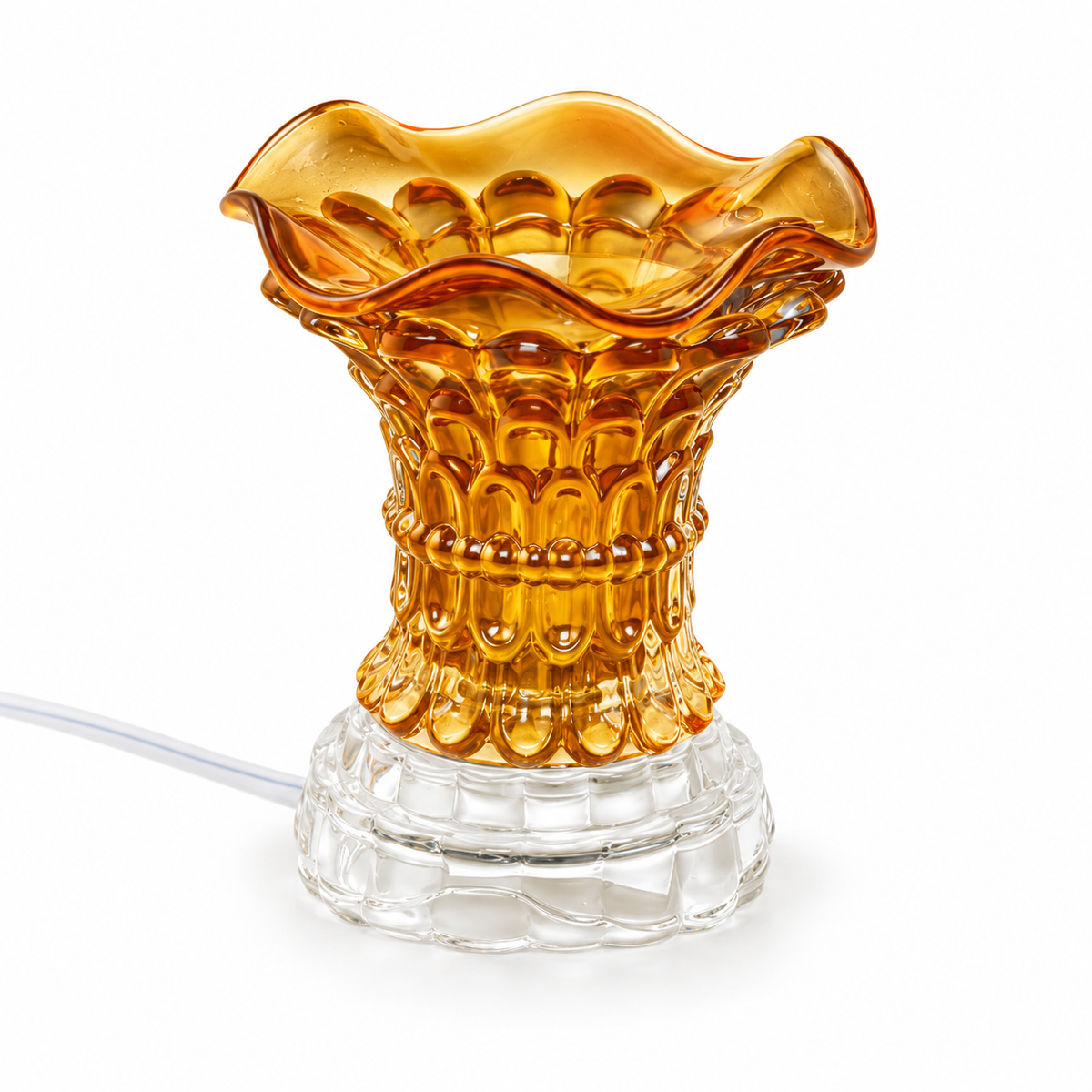 Amber crystal glass electric fragrance warmer with matching scalloped glass bowl and clear base