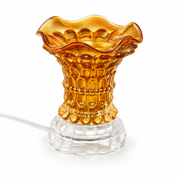 Amber crystal glass electric fragrance warmer with matching scalloped glass bowl and clear base