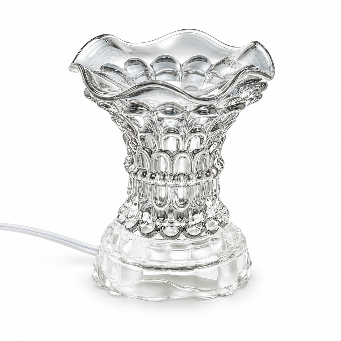 Clear crystal glass electric fragrance warmer with matching scalloped glass bowl and clear base