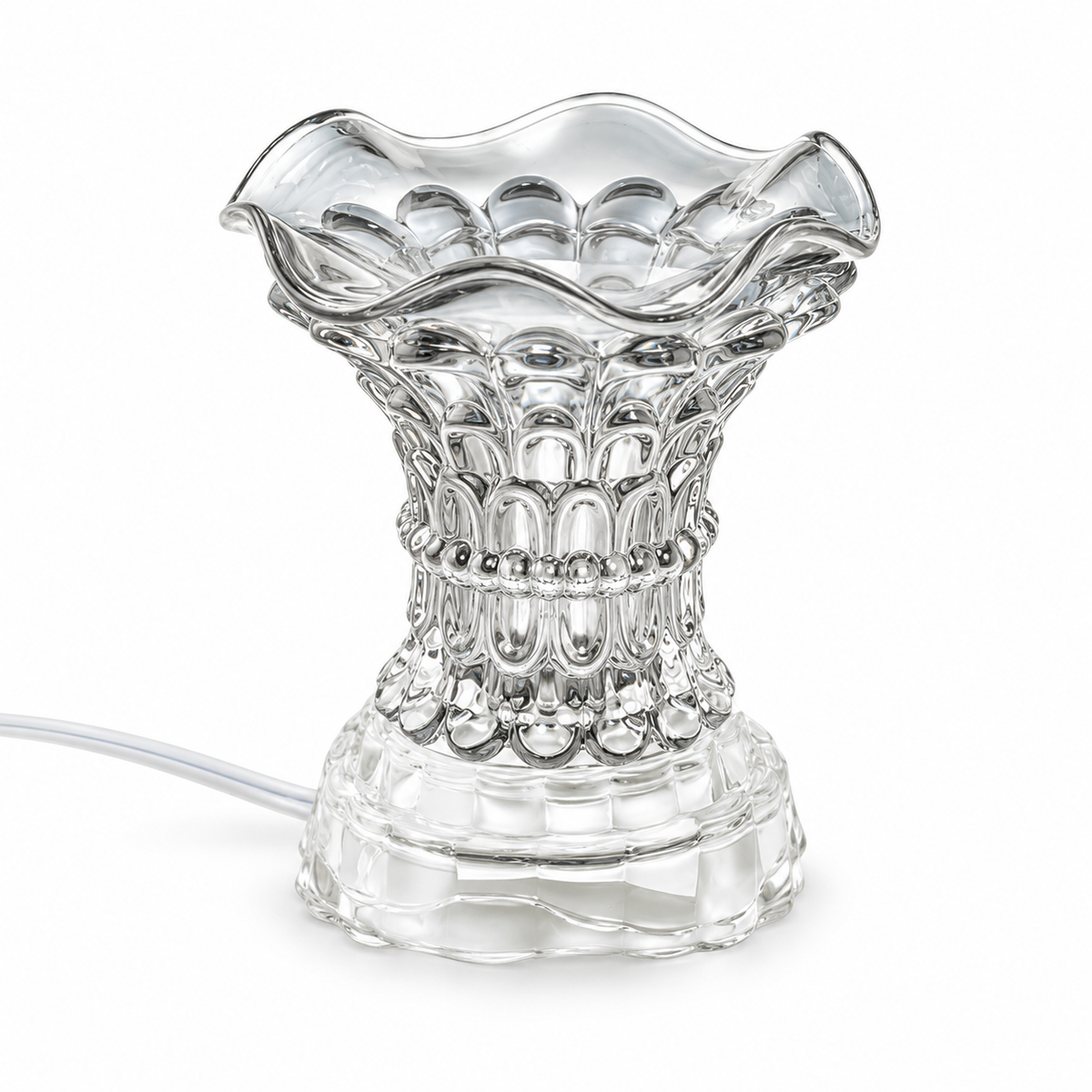 Clear crystal glass electric fragrance warmer with matching scalloped glass bowl and clear base