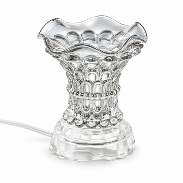 Clear crystal glass electric fragrance warmer with matching scalloped glass bowl and clear base