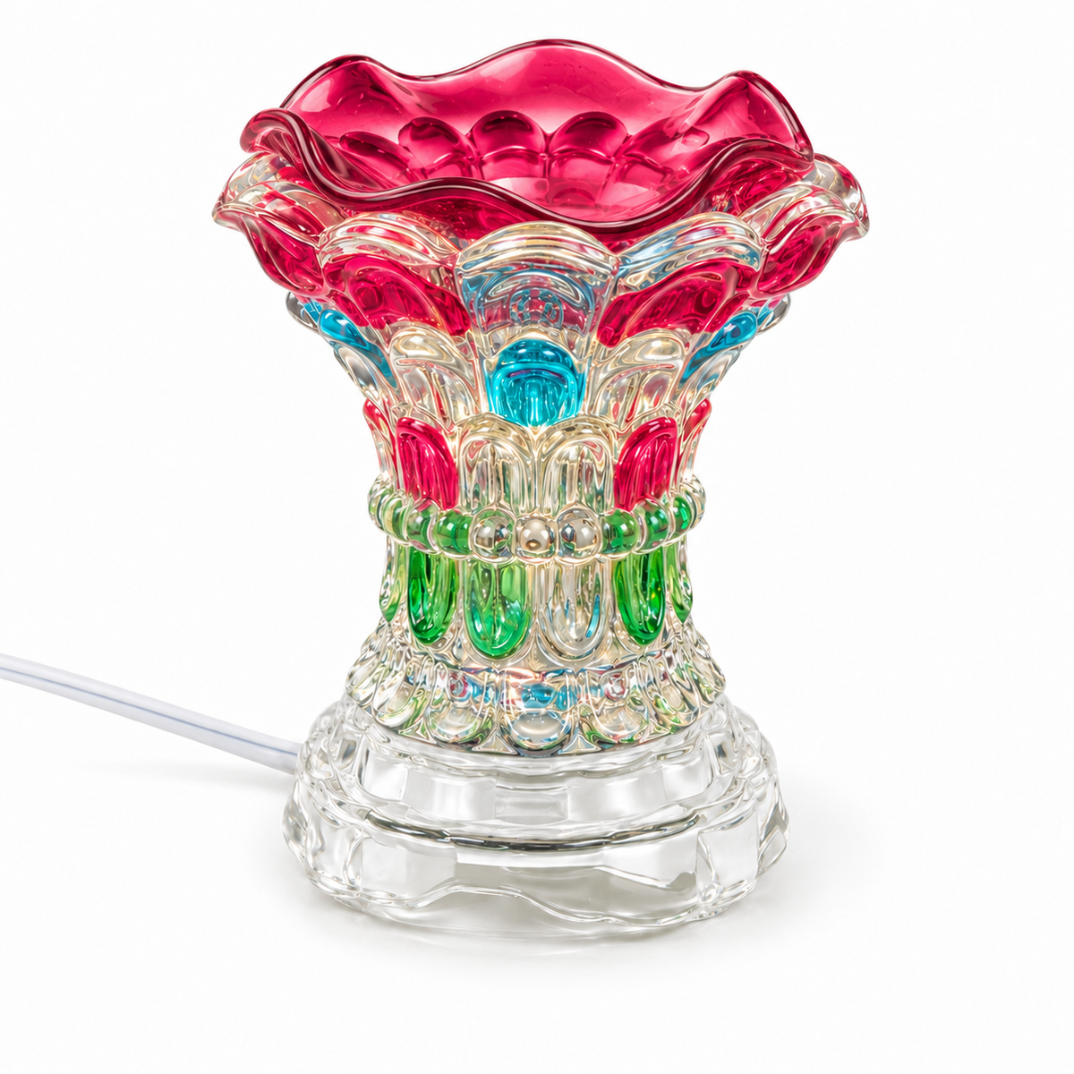 Multicolor crystal glass electric fragrance warmer with matching scalloped glass bowl and clear base