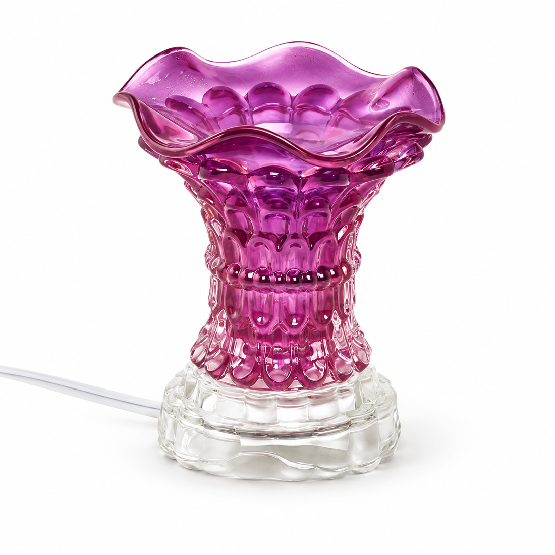 Purple crystal glass electric fragrance warmer with matching scalloped glass bowl and clear base