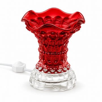 Red crystal glass electric fragrance warmer with matching scalloped glass bowl and clear base