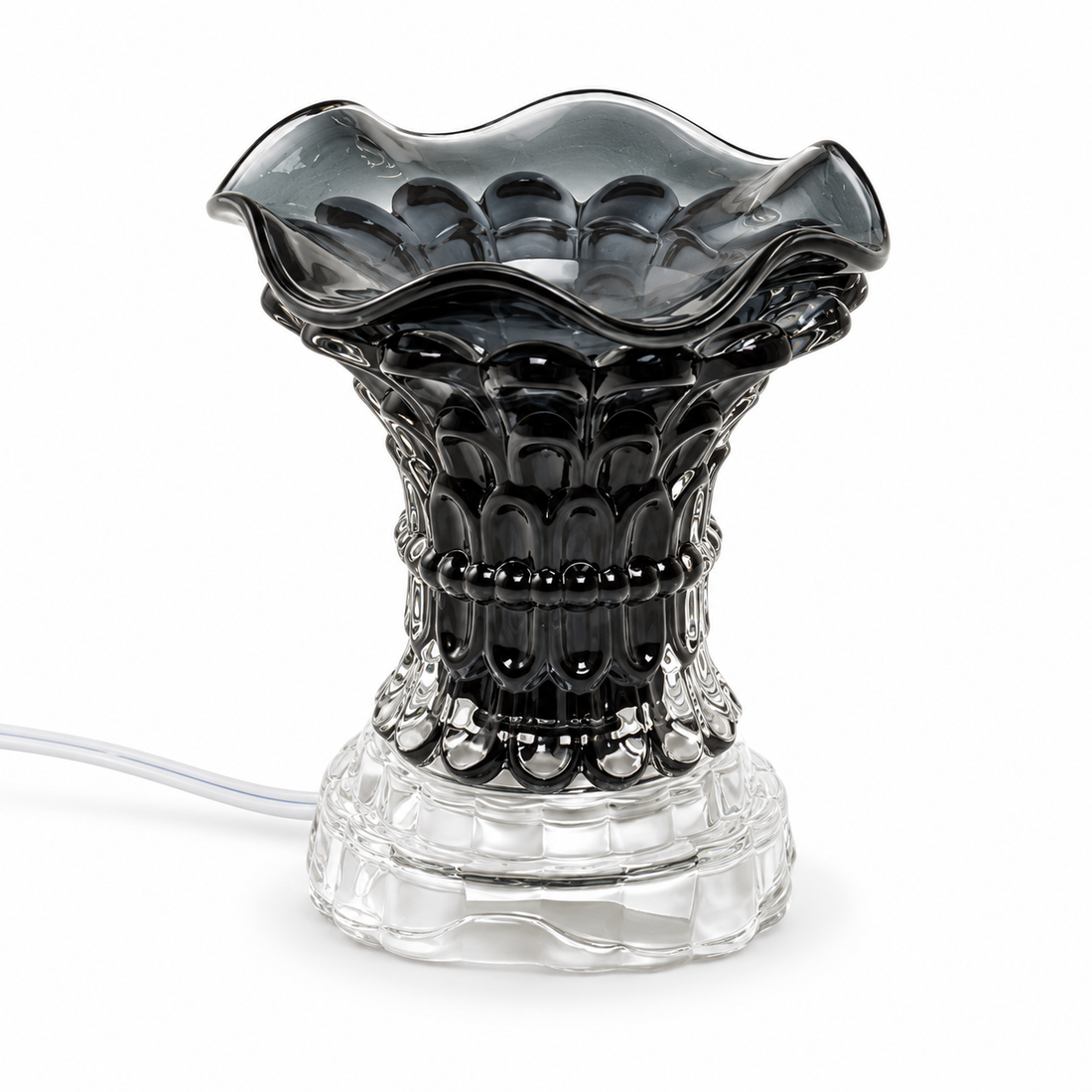 Smoke crystal glass electric fragrance warmer with matching scalloped glass bowl and clear base
