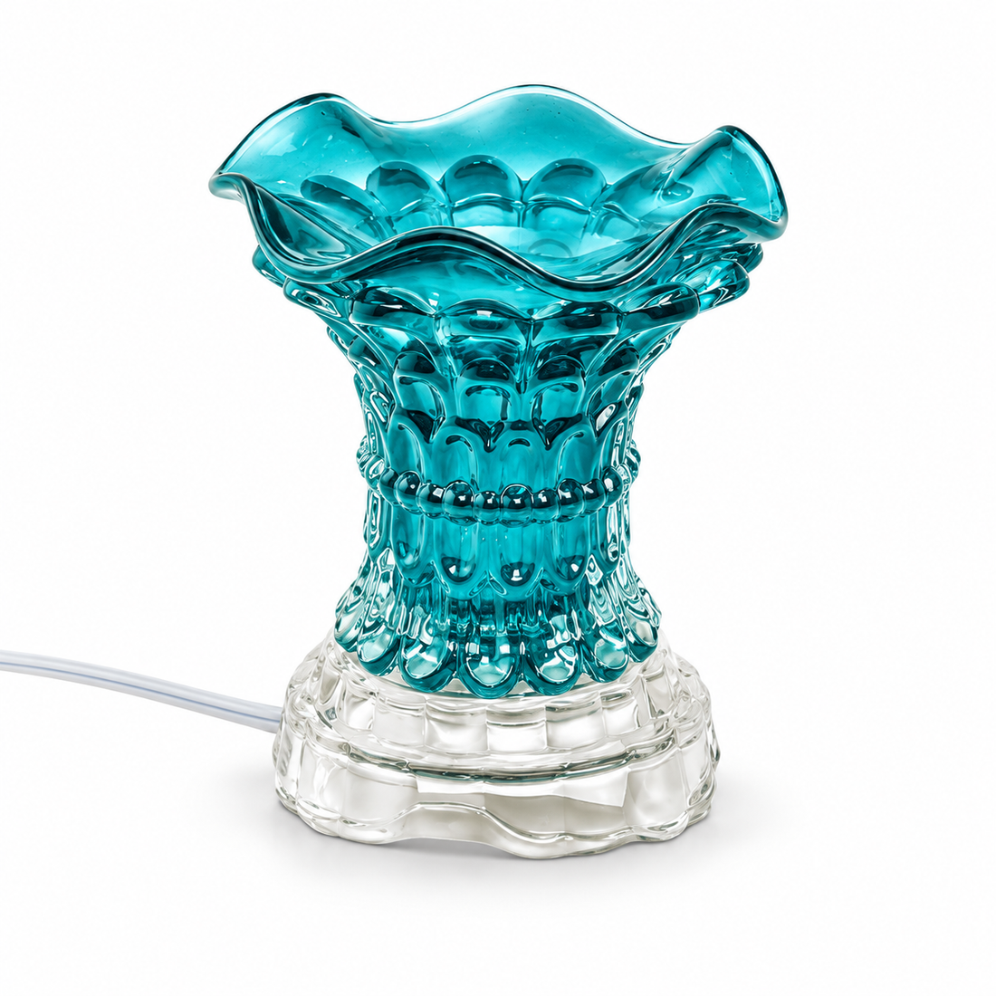 Turquoise crystal glass electric fragrance warmer with matching scalloped glass bowl and clear base