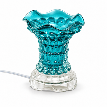 Turquoise crystal glass electric fragrance warmer with matching scalloped glass bowl and clear base