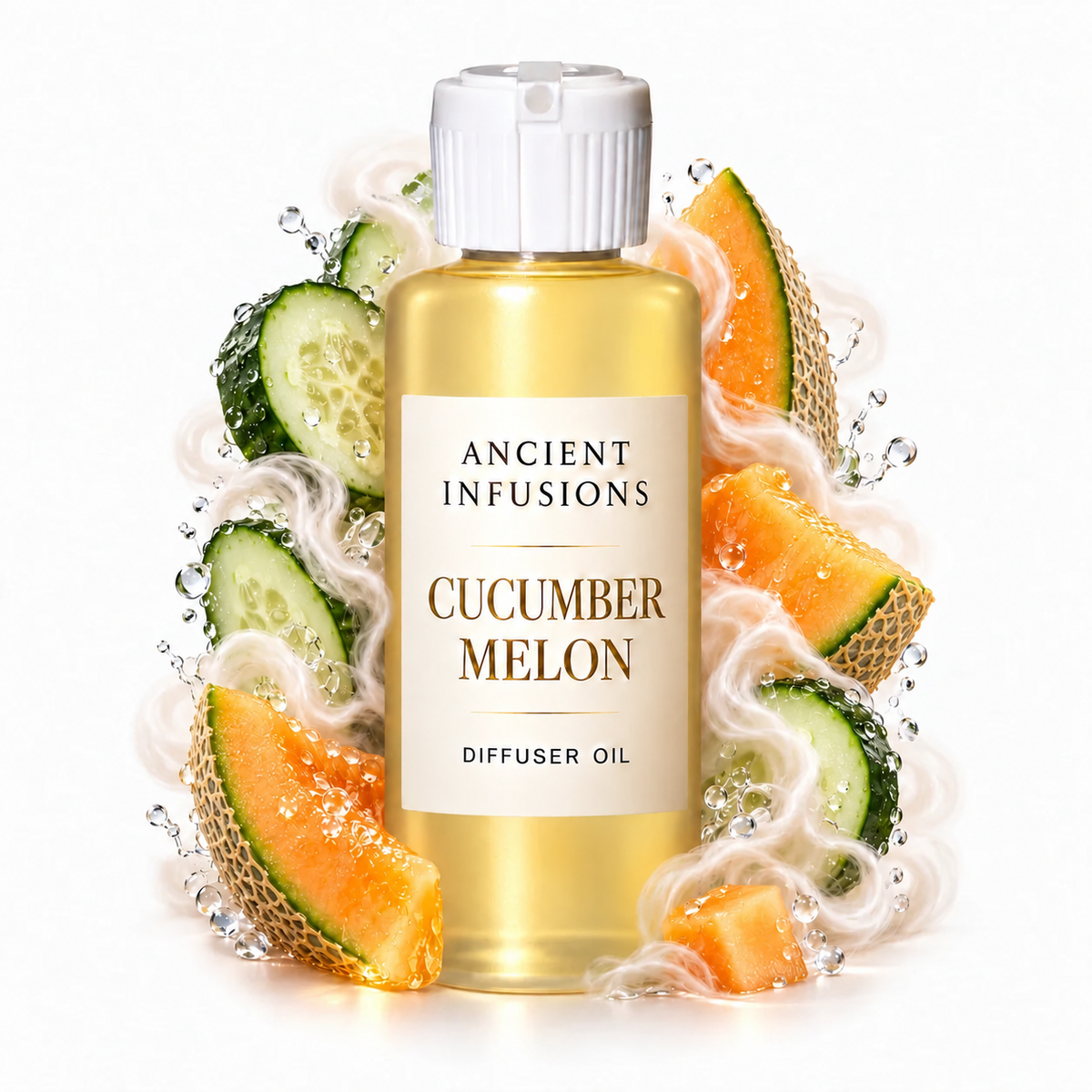 Cucumber Melon Diffuser Oil by Ancient Infusions with golden oil, white cap and matching scent artwork