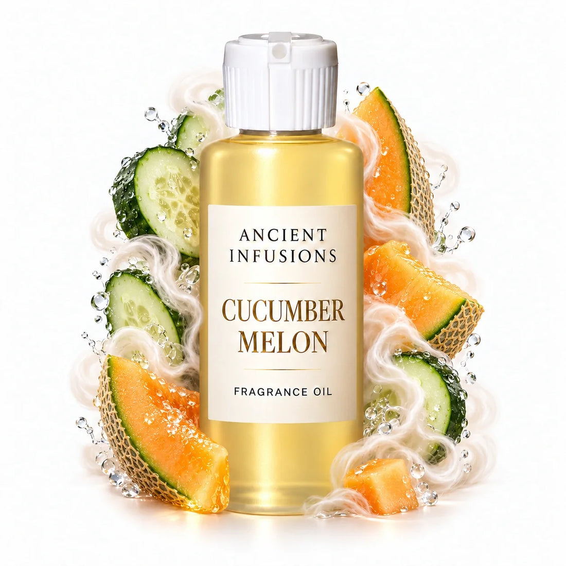 Cucumber Melon fragrance oil by Ancient Infusions, with pale yellow oil and a tight halo representing cucumber, melon, light musk.