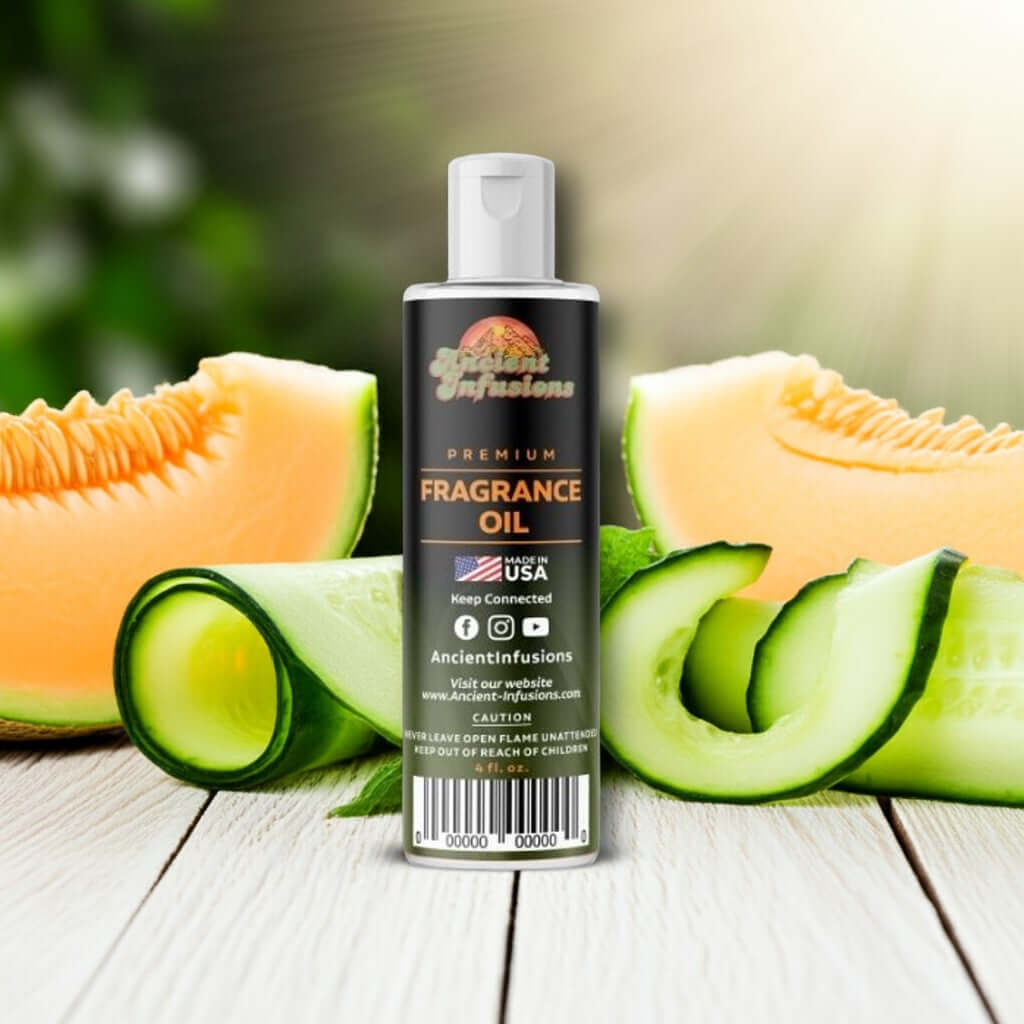 Cucumber Melon Fragrance Oil bottle with fresh cucumber slices and melon in the background.