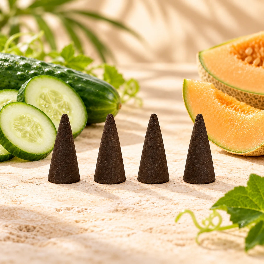 Cucumber Melon Incense Cones on cream stone.