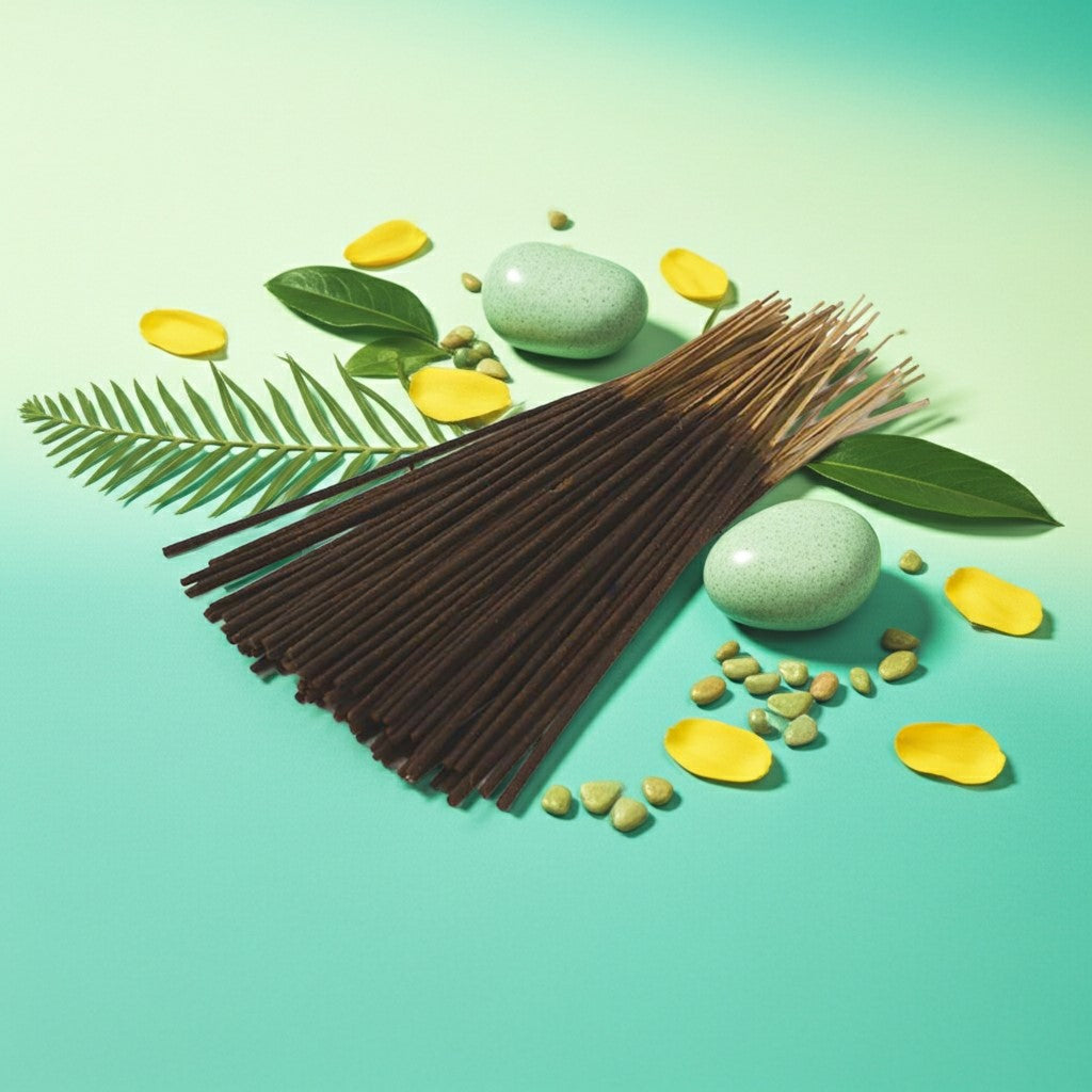 Cucumber Melon Incense Sticks with a pink tie on stones and leaves against a green background