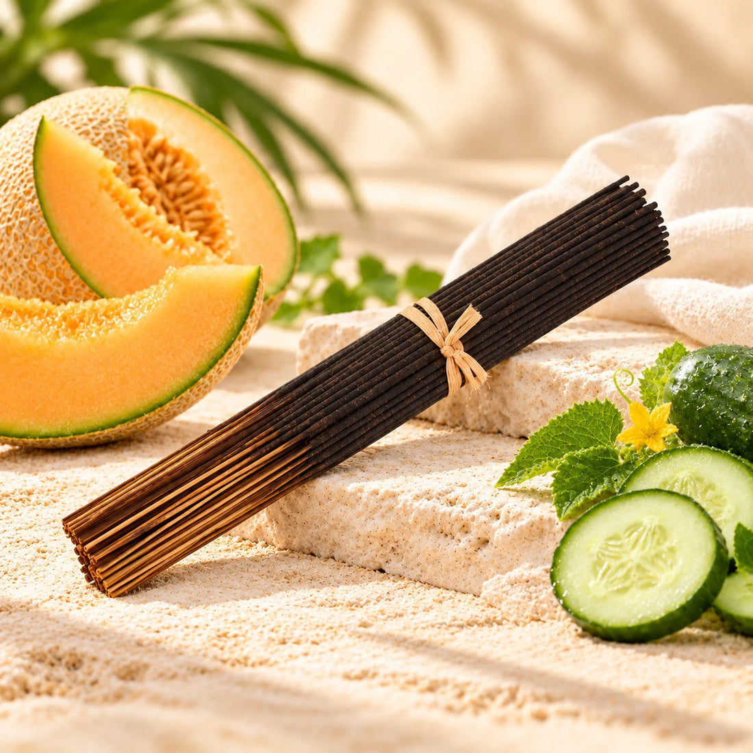 Cucumber Melon Incense Sticks on cream stone.