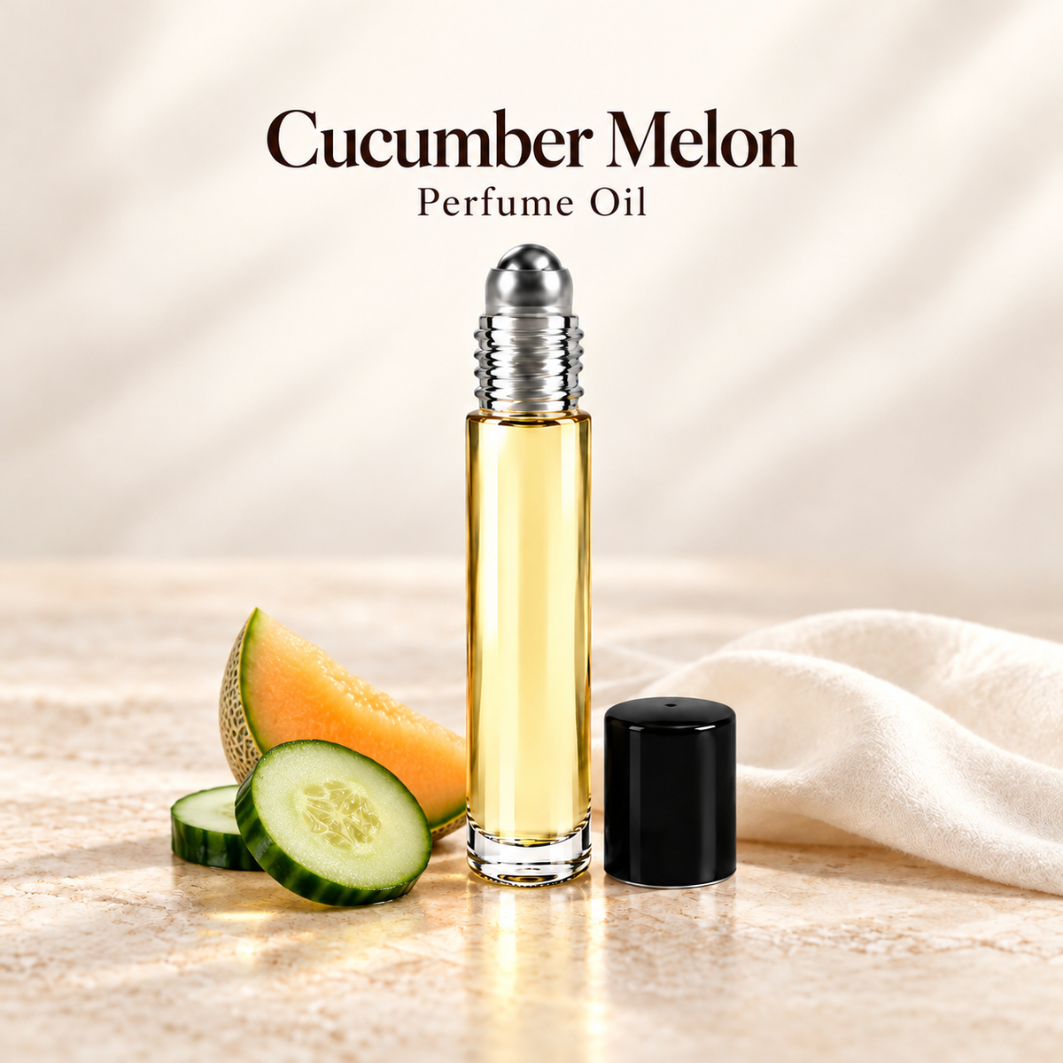 Cucumber Melon Perfume Oil with simple scent note accents on soft ivory