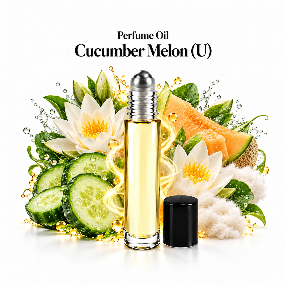 Cucumber Melon Perfume Oil roll-on with scent-note imagery