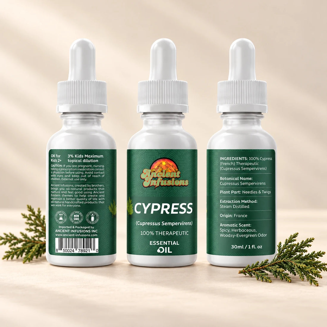 Ancient Infusions Cypress Essential Oil bottle with botanicals on a soft ivory background.