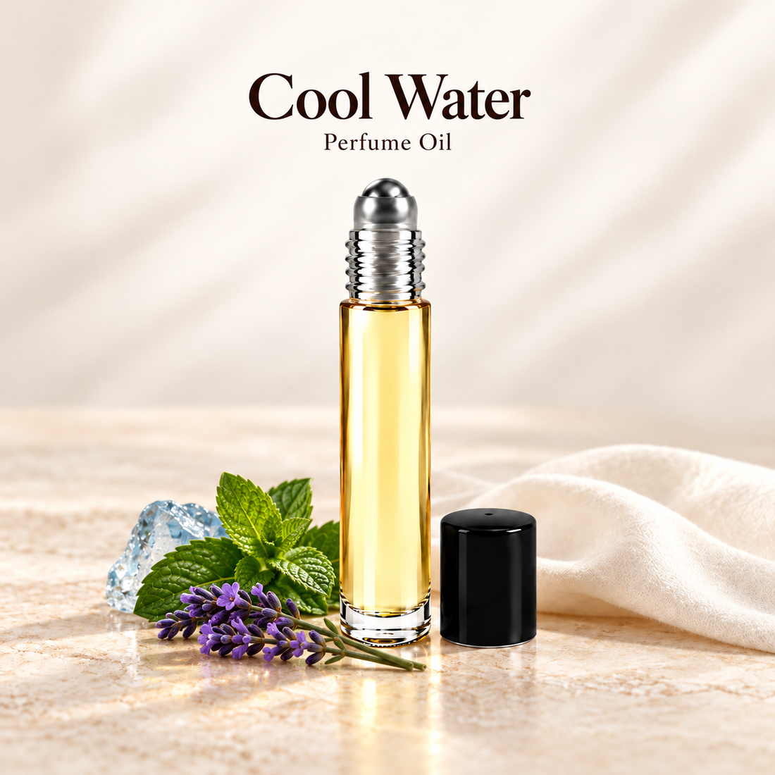Davidoff Cool Water Perfume Oil with simple scent note accents on soft ivory