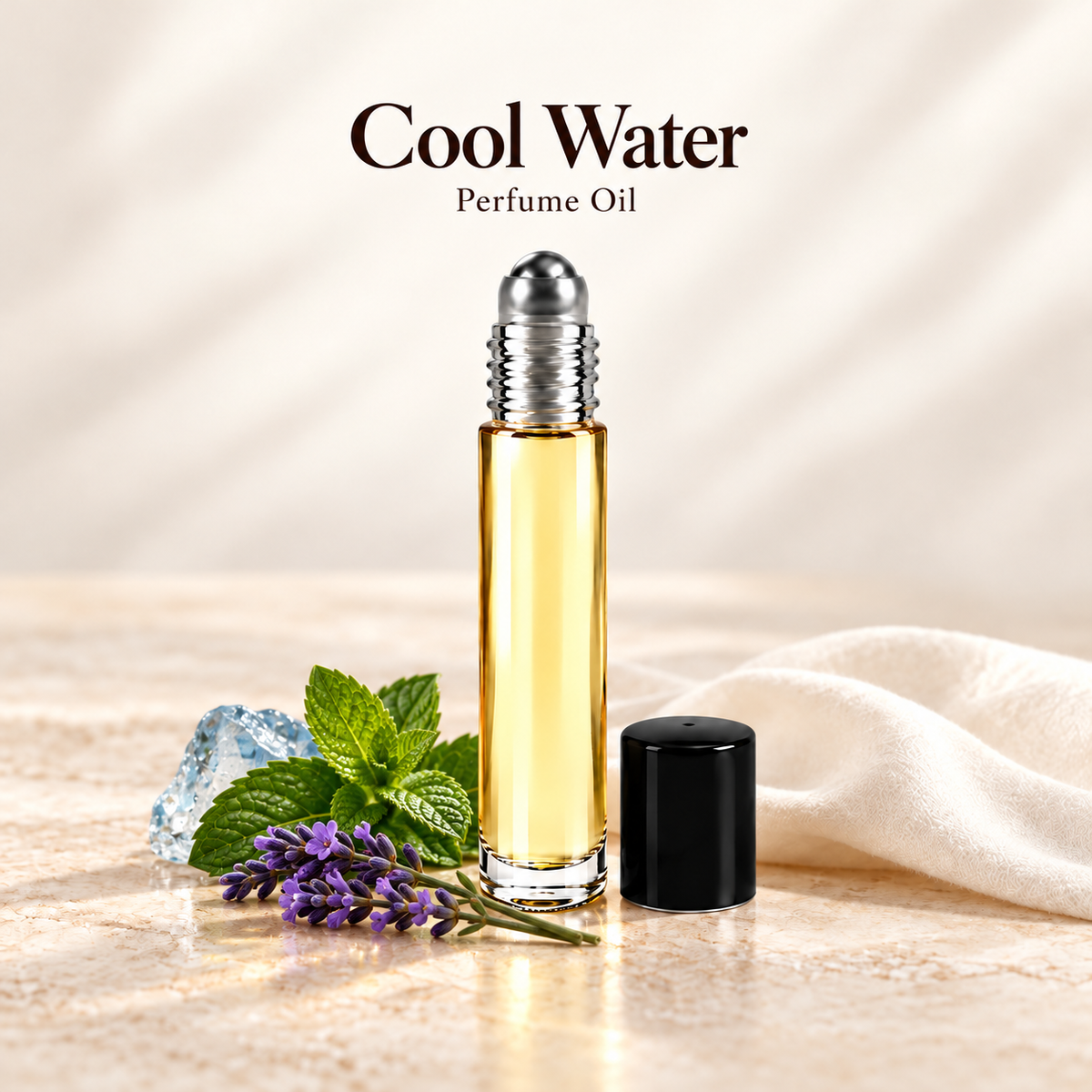 Davidoff Cool Water Perfume Oil with simple scent note accents on soft ivory