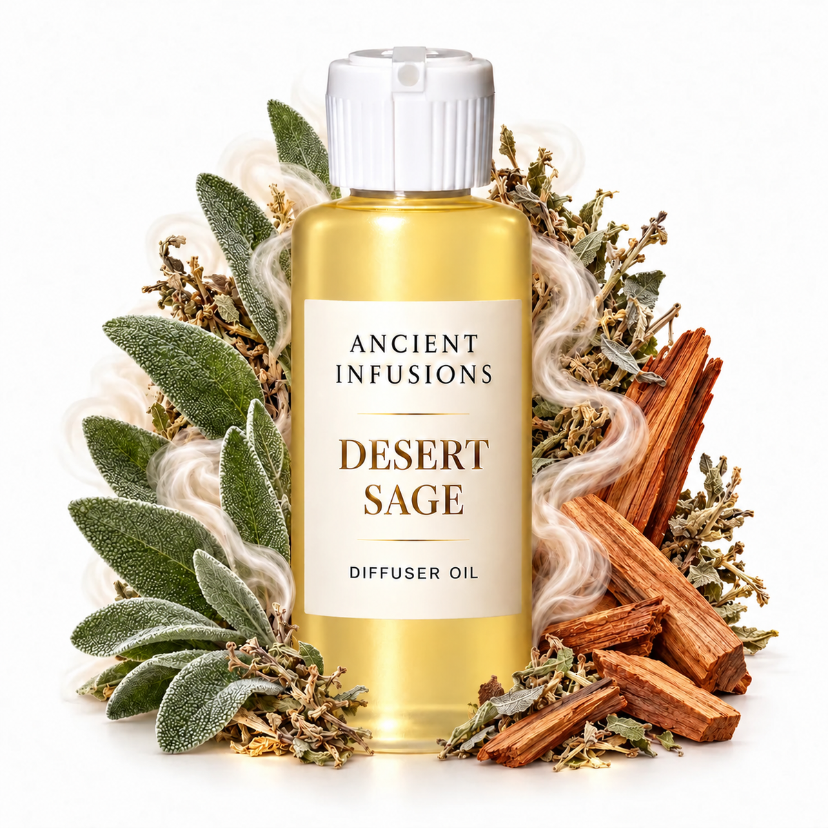 Desert Sage Diffuser Oil by Ancient Infusions with golden oil, white cap and matching scent artwork