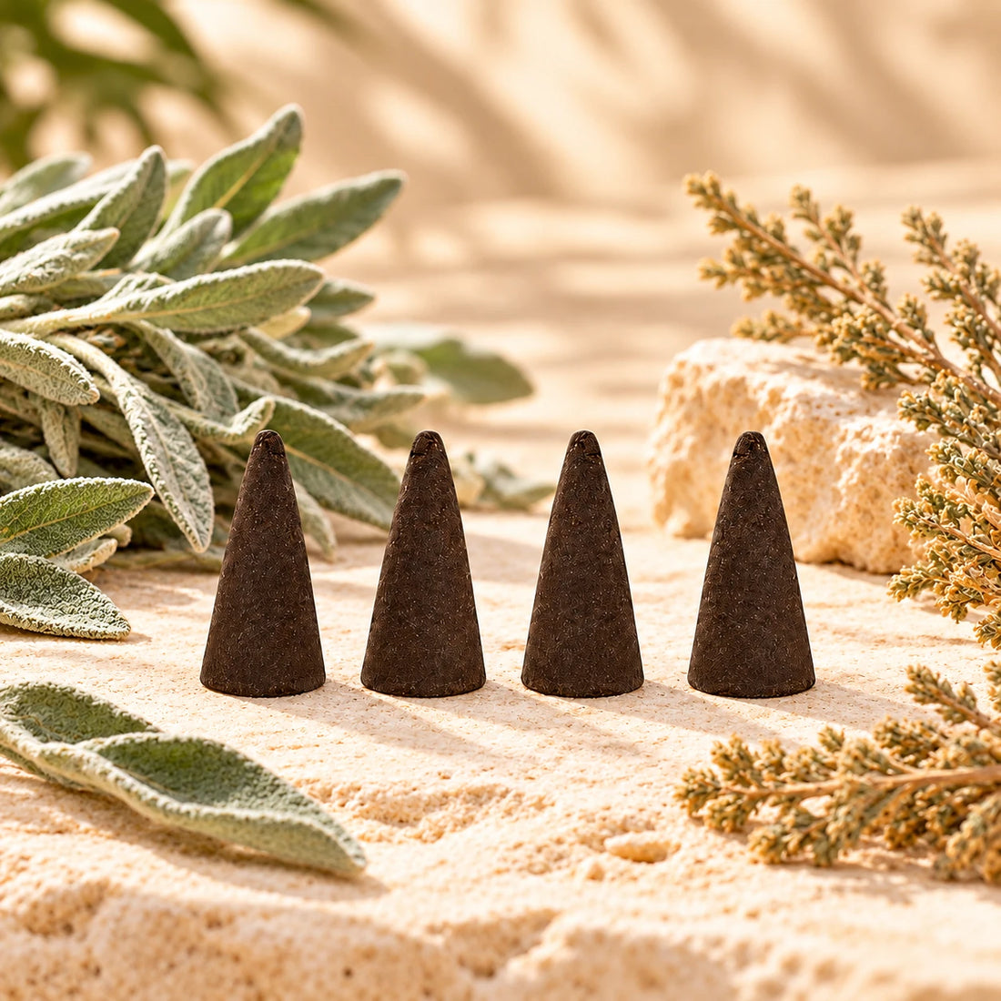 Desert Sage Incense Cones on cream stone.