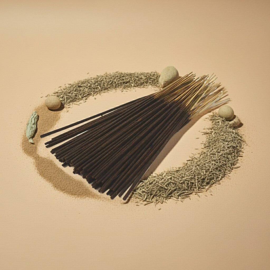 Desert Sage Incense Sticks and green herbs arranged in a circular pattern on a beige background