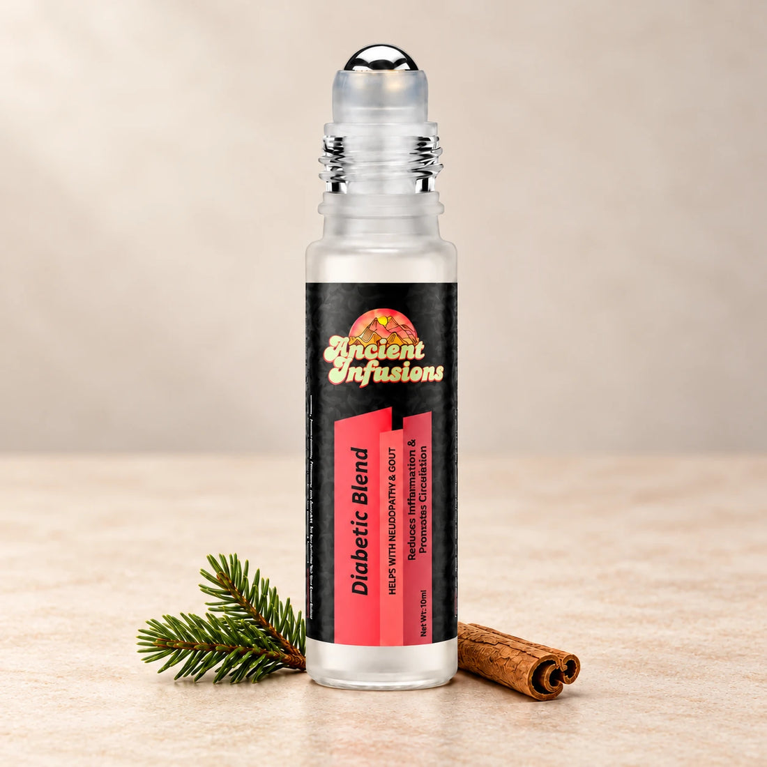 Ancient Infusions Diabetic Herbal Remedy Oil Balance & Ground single roller bottle with botanical accents on a soft ivory stone background.