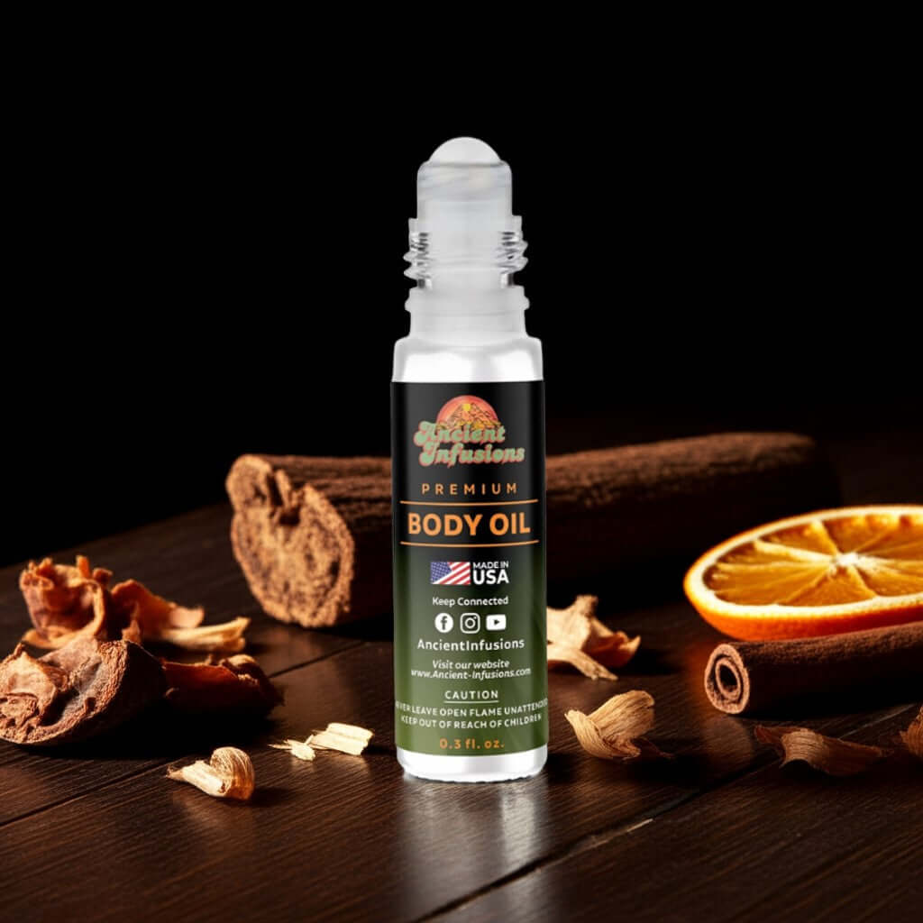 Diesel Only The Brave For Men Inspired Body Oil with citrus, spice, and musk notes on dark wood background.