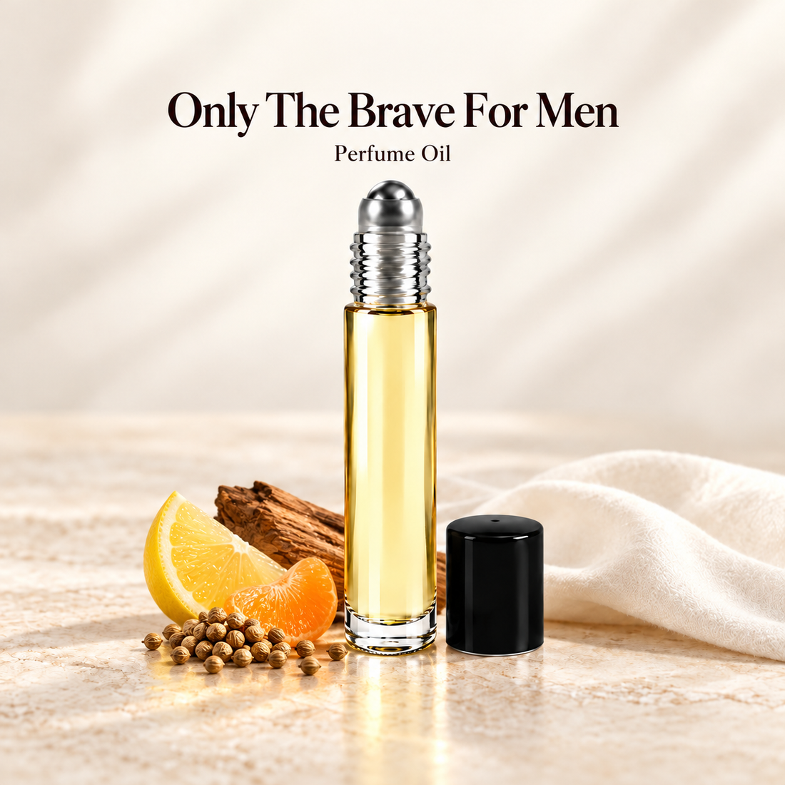 Diesel Only The Brave For Men Perfume Oil with simple scent note accents on soft ivory
