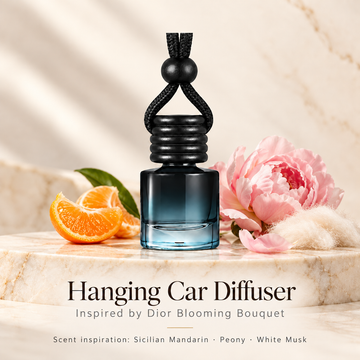 Hanging car diffuser inspired by Dior Blooming Bouquet, with scent illustrations on warm ivory stone