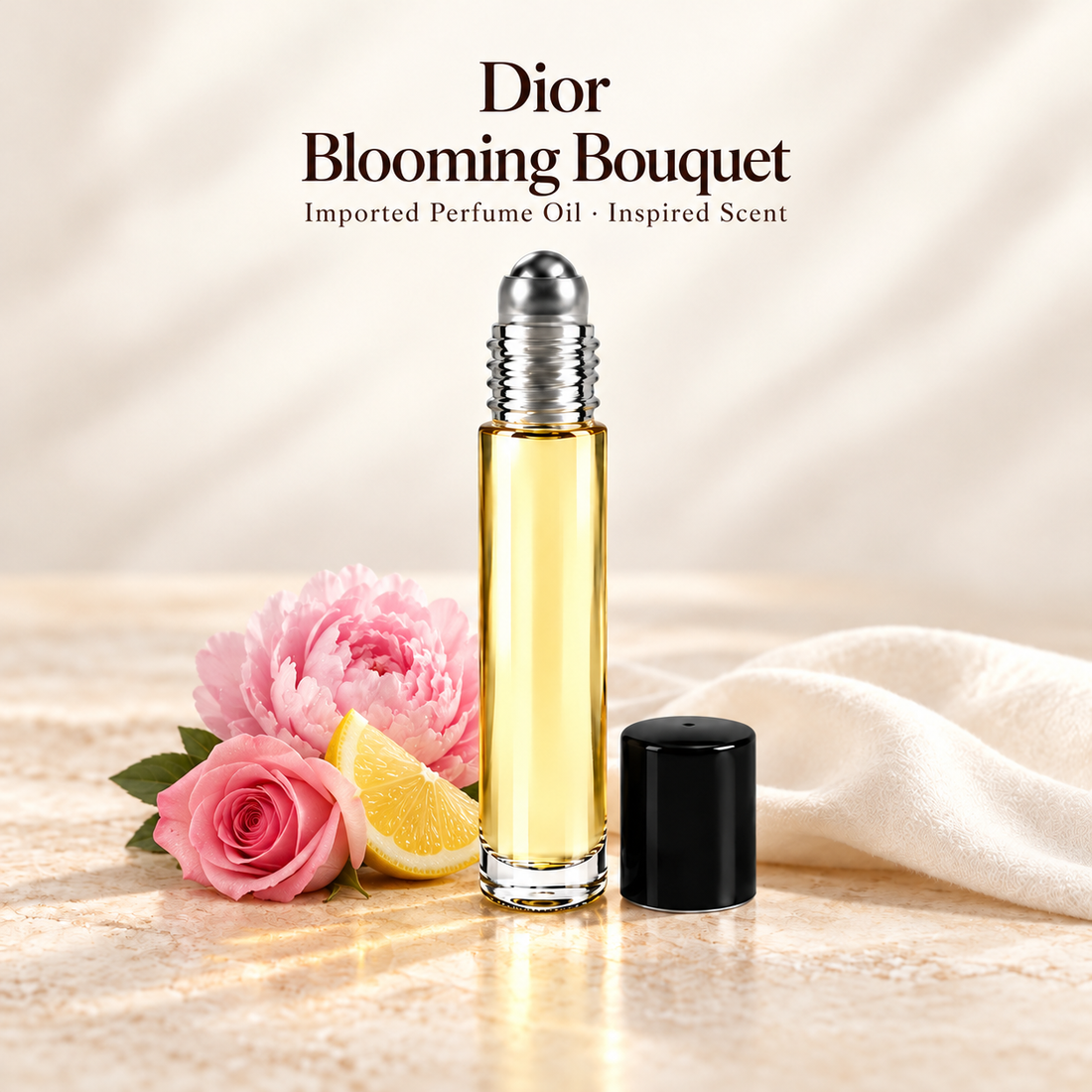 Dior Blooming Bouquet Perfume Oil with minimal fragrance note accents on soft ivory