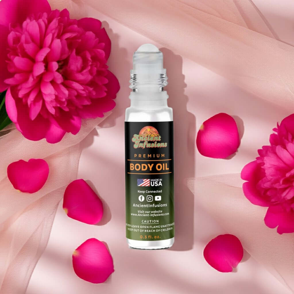 Dior Blooming Bouquet Inspired Body Oil roll-on with floral accents and pink petals on a soft pink fabric background.