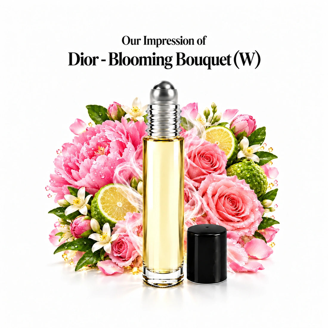 Our impression of Dior - Blooming Bouquet Perfume Oil centered roll-on and scent-note halo with generous white spacing.