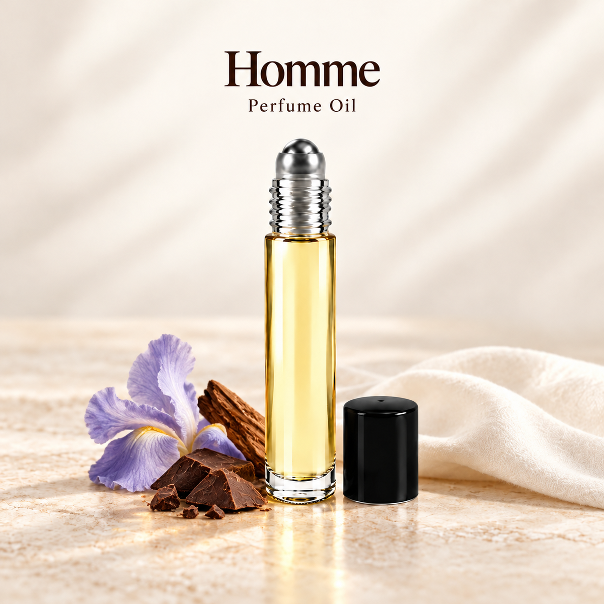 Dior Homme Perfume Oil with simple scent note accents on soft ivory