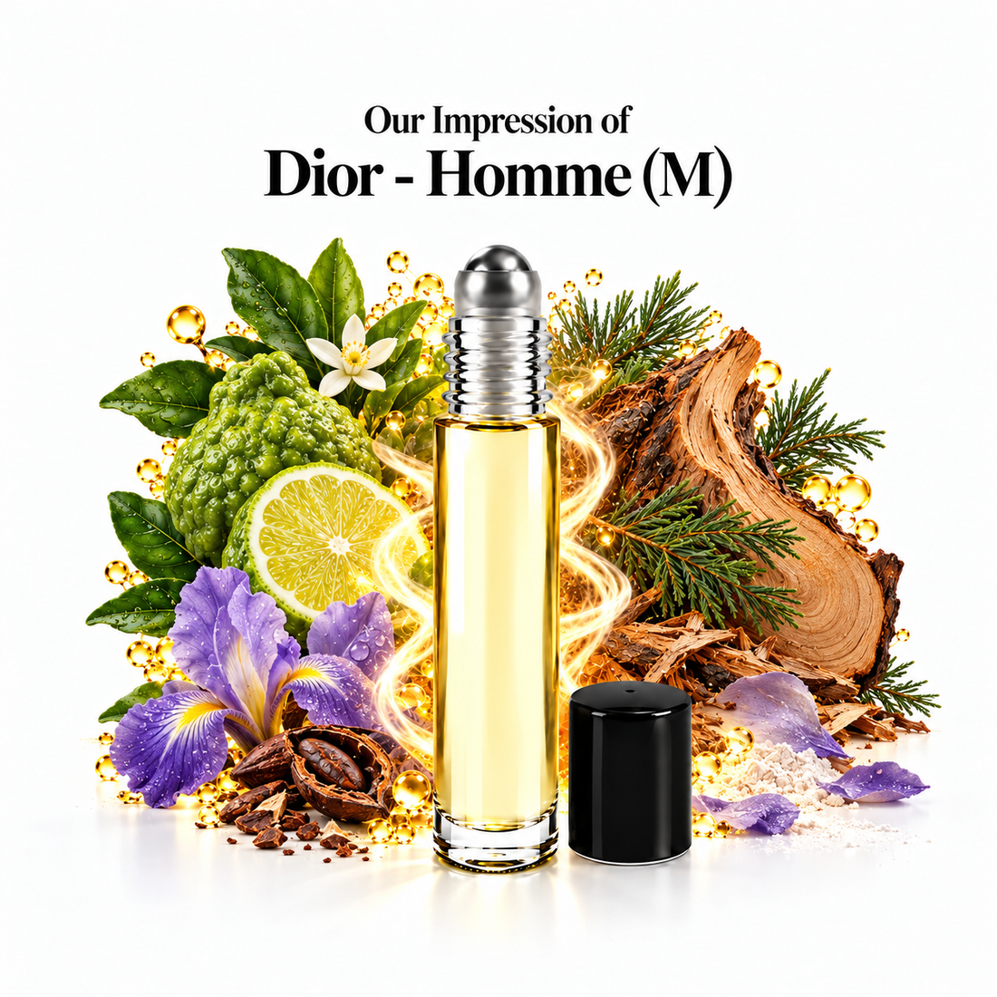 Dior Homme Perfume Oil roll-on with scent-note imagery