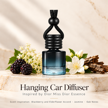Hanging car diffuser inspired by Dior Miss Dior Essence, with scent illustrations on warm ivory stone